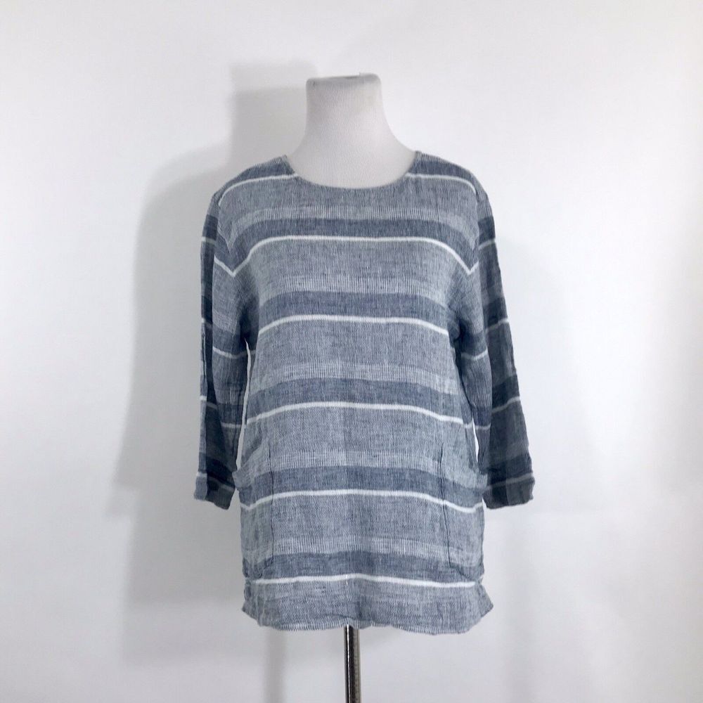 PURE Jill‎ J Jill Women's Linen Cotton Tunic Top Blue Striped Pockets XS coastal